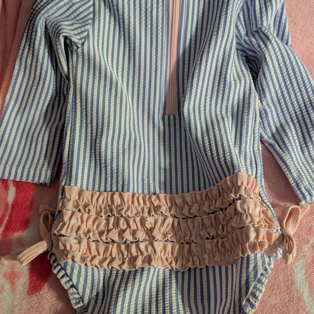 Girls' Blue Stripe One-Piece Swimsuit with Pink Ruffle Waist